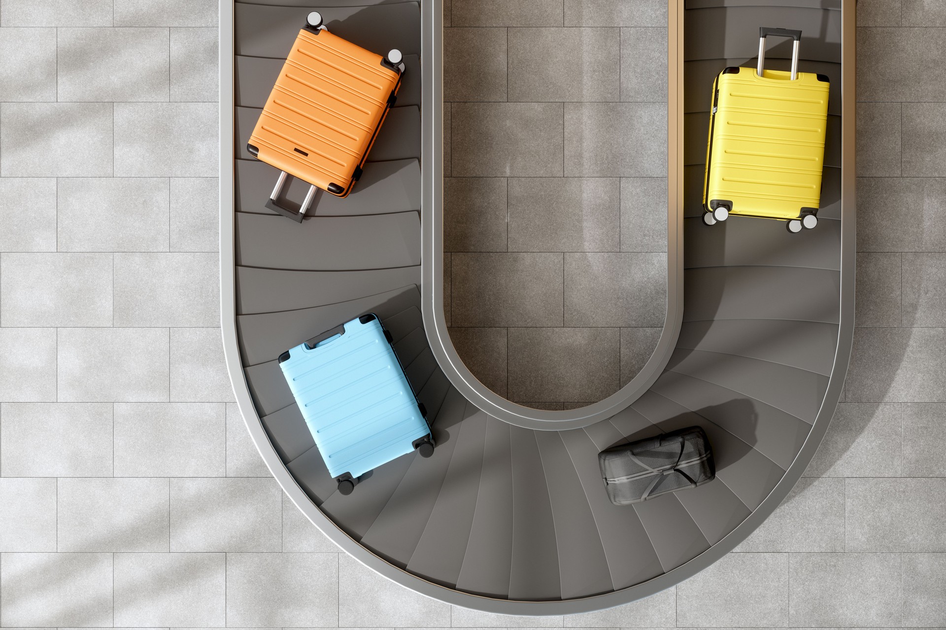 Luggages Moving On Airport Conveyor Belt Overhead View